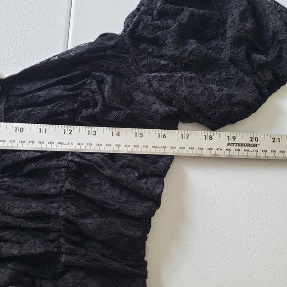 Y2K Whimsigoth Witch Goth Girl Top XL Black Puff Sleeve Lace Crop Ruched Corset1 - Picture 6 of 8